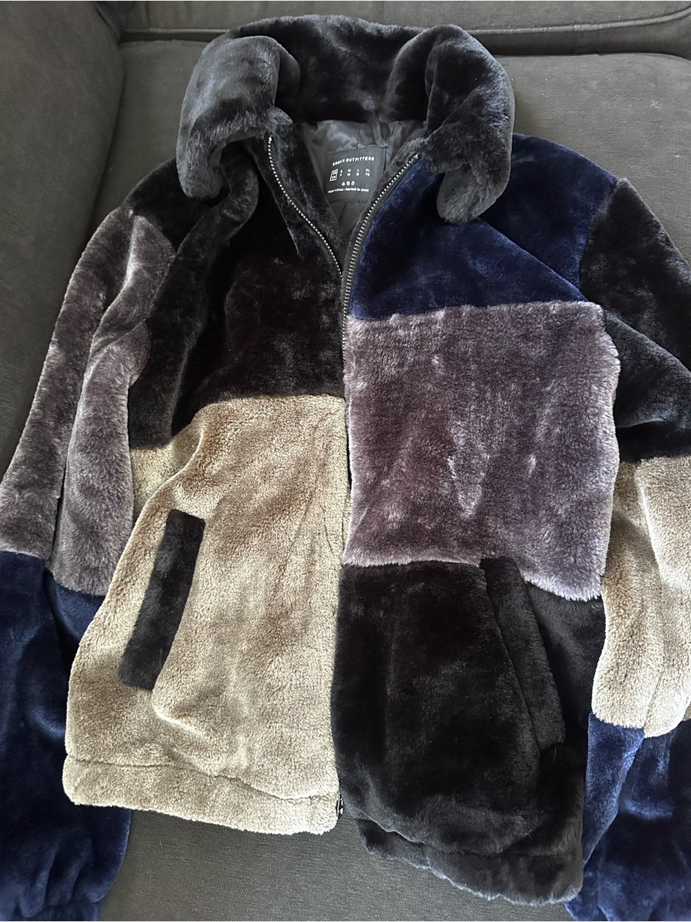 Urban Outfitters Navy Silver Tan Black Gray Faux Fur Zip Jacket